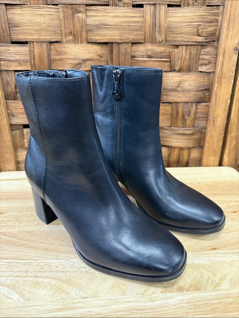 Blondo Black Leather Mid-Heel Ankle Booties